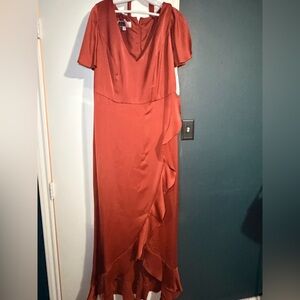 Celebrate It Rust Satin Ruffle Maxi Dress